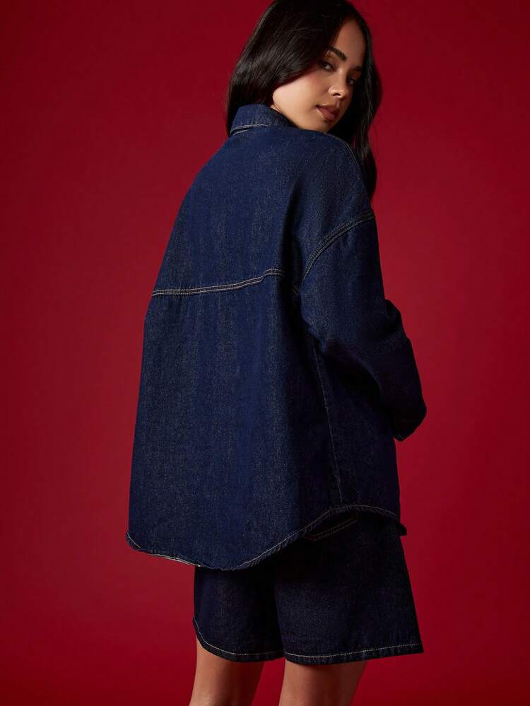 MISSGUIDED Oversized Denim Shirt Button Down Long Sleeve Classic Jean Jacket Autumn Winter Fashion Casual Streetwear Dark Wash Ladies Basic Collared Top