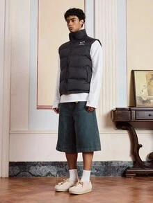 SWAVVY Men's Zip Front Casual Chest Letter Print Puffer Vest, Winter, Fall - Black - View 6