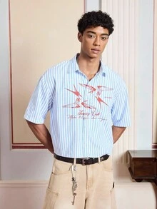 SWAVVY Áo sơ mi nam tay ngắn dệt họa tiết sọc dọc thoải mái, phù hợp cho mùa hè - Màu xanh lam - Xem 4