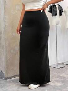 SHEIN EZwear Black Long Pencil Skirt For Plus Size Women, Casual