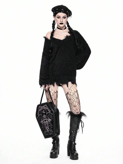 Goth Suéter holgado y desgastado de cuello en V de unicolor, nuevo jersey de punto para mujeres, otoño/invierno, Halloween