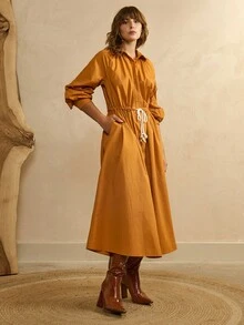 Arave Women's Burnt Orange Cotton Shirt-Style Long Dress,Elegant Autumn Everyday Waist Drawstring Pleated Lapel Lantern Sleeves X-Shaped Commuter Clothes - Orange - View 3