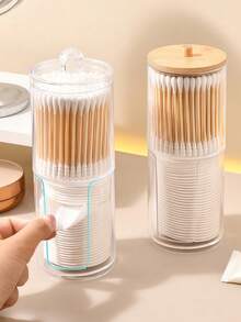 1 pièce Boîte de rangement transparente pour cotons-tiges avec couvercle en bambou, boîte de distribution de tampons de maquillage anti-poussière, bocal en plastique transparent pour rangement de cotons-tiges, cosmétiques, organisateur de salle de bain, fournitures de rangement et d'organisation pour la maison, cadeau de fête, cadeau de Noël - Multicolore - Voir 1