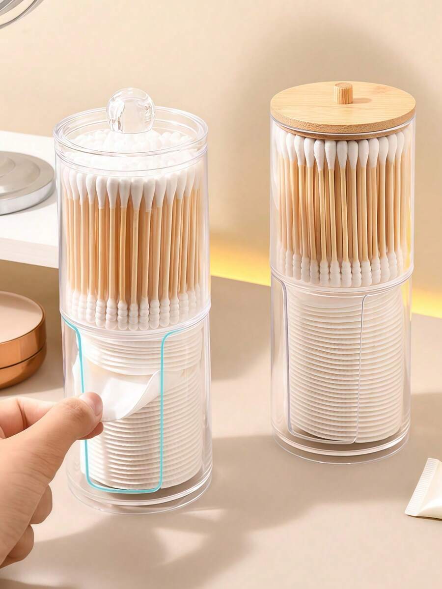 1 pièce Boîte de rangement transparente pour cotons-tiges avec couvercle en bambou, boîte de distribution de tampons de maquillage anti-poussière, bocal en plastique transparent pour rangement de cotons-tiges, cosmétiques, organisateur de salle de bain, fournitures de rangement et d'organisation pour la maison, cadeau de fête, cadeau de Noël - Multicolore - Voir 1