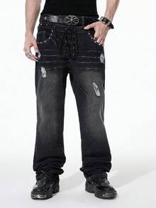ROMWE MEN Grunge Punk Jeans de pierna ancha con decoración de remaches, estilo casual de calle, con doble cintura para hombres - Negro - Ver 10