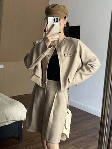 DAZY 2pcs Women Casual Solid Color Round Neck Long Sleeve Loose Jacket & Straight Leg Shorts Set, Autumn/Winter Lounge Sets For Women - Khaki - View 6