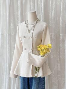 SHEIN MOD 杏色双排扣长袖女士优雅荷叶边下摆夹克，秋装，女士夹克，冬季女装，新年，情人节，女巫，商务女装 - 杏色 - 查看 2