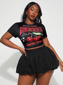 SHEIN SXY 大码女式春夏性感基本款樱桃图案圆领短袖 T 恤修身女式 T 恤和泡泡松紧腰迷你裙，适合日常穿着、西部风服装、音乐节、音乐会、狂欢派对、郊游、海滩度假、分层穿着、节日、约会之夜、生日 - 黑色 - 查看 6