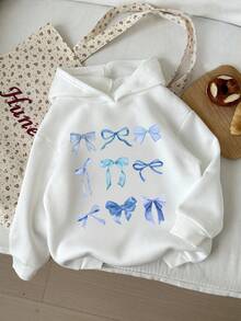 Tween Girl Casual Comfortable Blue Bow Sweatshirt, Loose Fit, Suitable For Autumn/Winter Wear Fall - White - View 1
