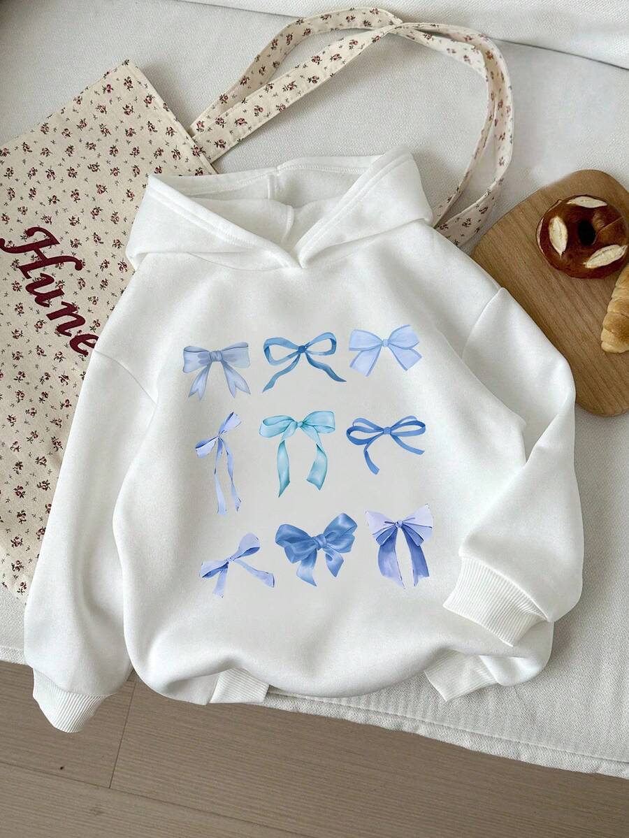 Tween Girl Casual Comfortable Blue Bow Sweatshirt, Loose Fit, Suitable For Autumn/Winter Wear Fall - White - View 1