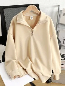 SHEIN 少女休闲基础款半拉链高领浅灰色卫衣，秋冬季女童卫衣 - 卡其色 - 查看 3