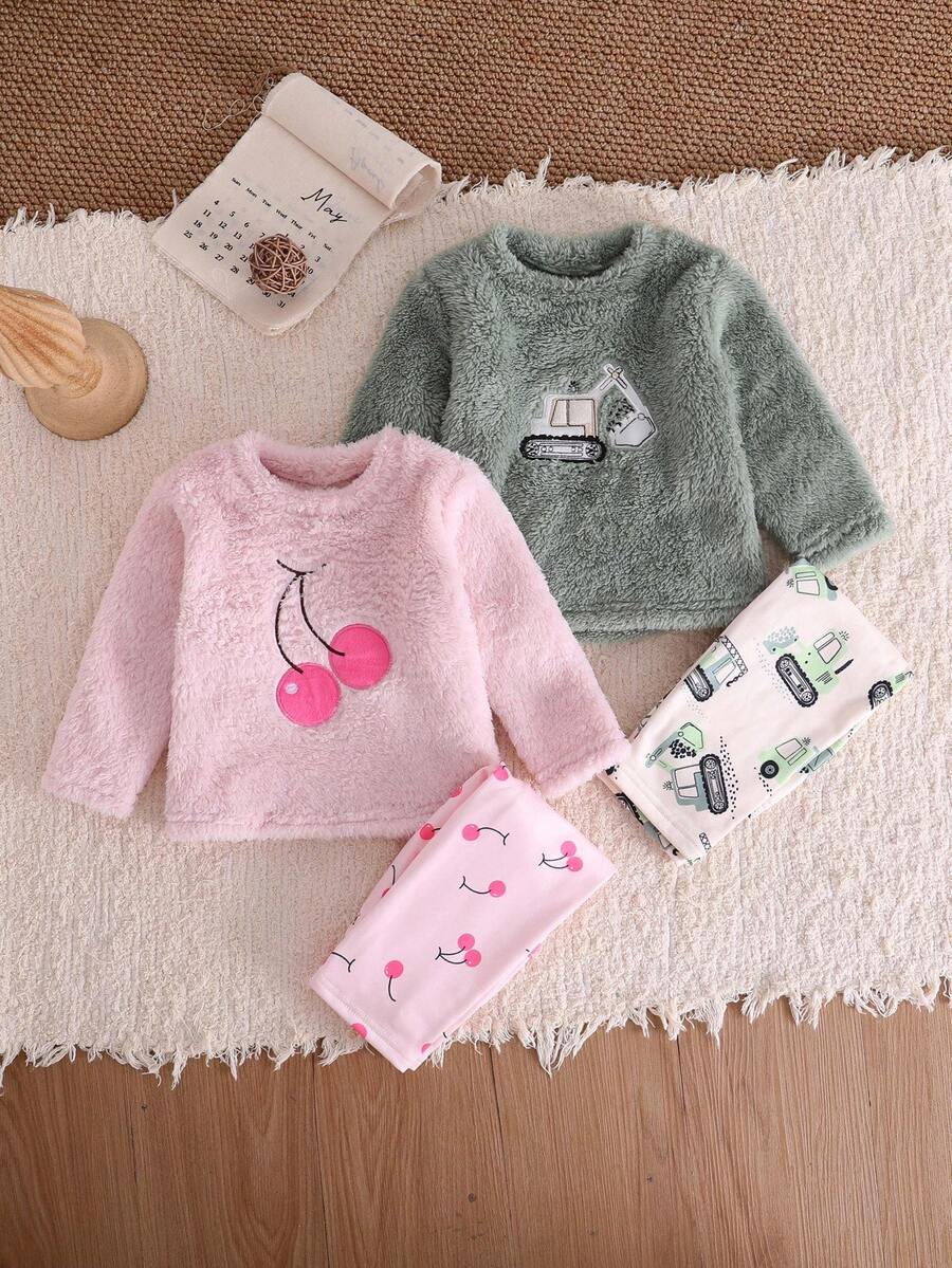 Genkimix Kids 2 件套女婴可爱樱桃印花长袖上衣和裤子柔软羊毛睡衣套装，浅粉色 - 淺粉色 - 查看 1