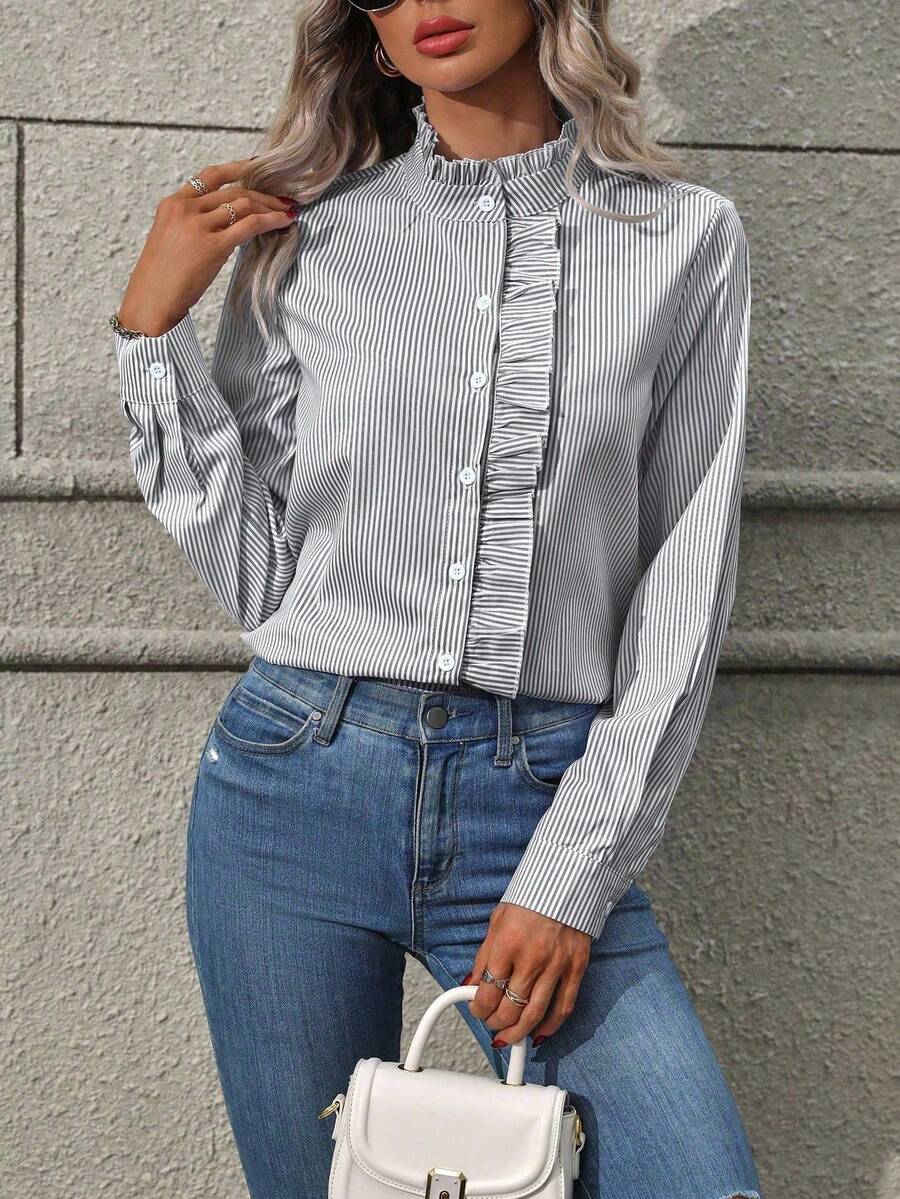 EMERY ROSE Women's Casual Everyday Striped Ruffle Front Button Shirt, Autumn - Black - View 1