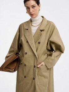 Aalyst Women's French Elegant Minimalist High-End Casual Vacation Commute Comfortable Solid Twill Fabric Stand Collar Double-Breasted Drop Shoulder With Pockets Side Slit Long Sleeve Utility Long Jacket, Spring/Autumn/Winter