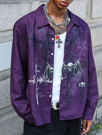 Goth Style Turndown Collar Gothic Long Sleeve Loose Fit Men's Shirt, For Fall