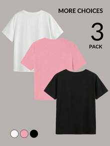 SHEIN EZwear 3 件套休闲赛车、摩托车、复古车图案印花圆领宽松 T 恤，女士，略带透视感，夏季开学季 - 彩色 - 查看 2