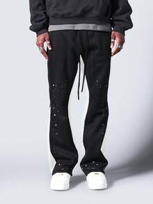 SUMWON 侧边条纹细节做旧泼墨印花喇叭运动裤，冬季假日节日宽松休闲街头风纯色款 - 黑與白 - 查看 3