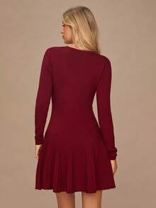 Enchnt Fall/Winter Romantic Women's Red Long Sleeves Knit Dress, Autumn/Winter,Sweet&Elegant&Fashionable For Vacation&Date&Holiday&Graduation&Wedding Guest&Office&Going Out&Halloween&Christmas,Back To School,Autumn Clothes - Burgundy - View 7