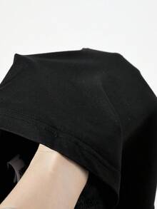 SHEIN 少女休闲T恤和裤子两件套，胸前印有白色星星图案，白色装饰抽绳，适合散步、购物、上学、演唱会穿着 - 黑色 - 查看 5
