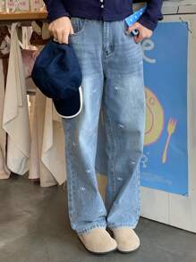 DAZY Teen Girl Straight Leg 7/8 Length Jeans With Bow Embroidery, Sweet Student For Fall - Medium Wash - View 6