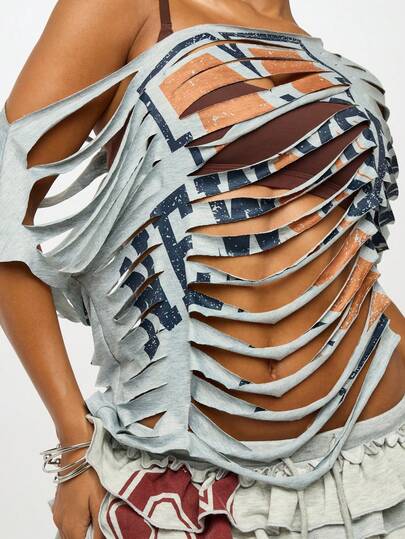SUMWON WOMEN Distressed Cut Out One Shoulder Ruffle Mini Dress College ...