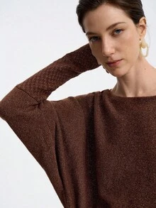 Aalyst Autumn/Winter Slouchy Elegant Minimalist Brown Metallic Thread Batwing Sleeve Sweater Fall Cloth For Women - Brown - View 3