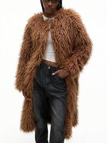 Aveloria Affinna معطف نسائي بياقة مستديرة وأكمام طويلة وأمام مفتوح من الفرو الاصطناعي، للخريف والشتاء