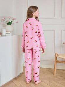 Snug Zone 女童樱花粉色条纹荷叶边印花纽扣前襟衬衫和短裤睡衣套装 - 粉色 - 查看 2