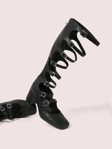 CUCCOO DOLLMOD Women's Square Toe Chunky Heel Fashion Tall Boots, Black Leather With Strap Decor For Christmas Spring Shoes - Black - View 6