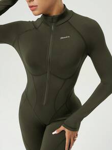 Powerista Solid Color Zipper Stand Collar Tight Fit Long Sleeve Jumpsuit - Army Green - View 3