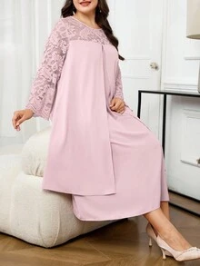 Modelyn 大码粉色蕾丝拼布圆领长袖连衣裙 - 粉色 - 查看 6
