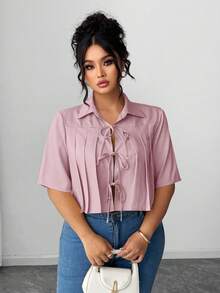 Elenzga Women's Pleated Bow Front Short Elegant Blouse - Pink - View 4