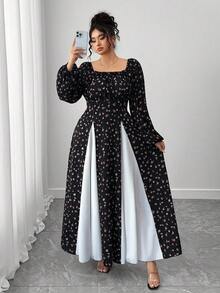 Elenzga Vestido longo plus size feminino com estampa floral gótica, casual, francês, romântico, elegante, cintura marcada, amarração frontal, gola quadrada, manga comprida, punho elástico - Multicolorido - Ver 3