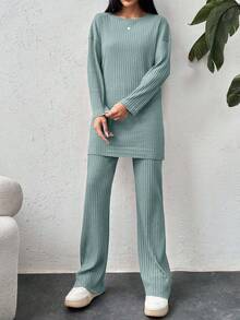 EURMUSE Cotton Drop Shoulder Split Hem Tee & Pants - Mint Green - View 5