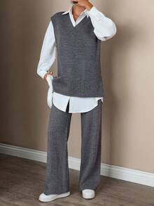 EURMUSE Minimalist Charcoal Knit Co-Ord Set – V-Neck Relaxed Fit Sweater & Ribbed Hem Pants,Winter Clothes Women,Winter Clothes,Autumn Outfits Women - Dark Grey - View 4