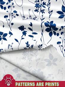 EMERY ROSE Holiday Style Blue & White Floral Print Plus Size Loose Pleated Wide Strap Tank Top, Suitable For Spring/Summer Suitable For Going Out