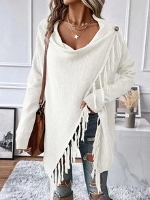 EMERY ROSE Fringe Trim Draped Collar Wrap Cardigan Asymmetrical Sweater Women Dresses Sweaterelegant Sweaterlong Sweaterlong Sleeve Sweater Fall Winter Cloth For Women Fringe Clothing Women Women Long Sleeve Tops Women Sweaters White Fringe Top Tassel Top - White - View 5