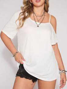 EMERY ROSE Áo thun tay ngắn dáng rộng vai chéo thường ngày cho nữ cỡ lớn, phù hợp cho mùa hè - trắng - Xem 1