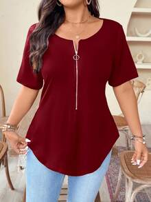 EMERY ROSE 大码女式 V 领纯色拉链短袖修身 T 恤，夏季外出上衣 - 酒紅色 - 查看 4