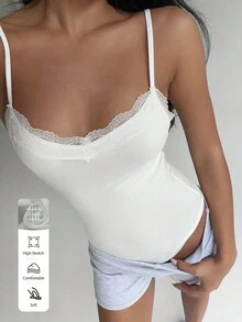 FavEase Black Lace Trim V-Neck Camisole Backless Bodysuit, Fashionable Minimalist Casual Elegant Extremely Soft Comfortable Stretchy Women Summer