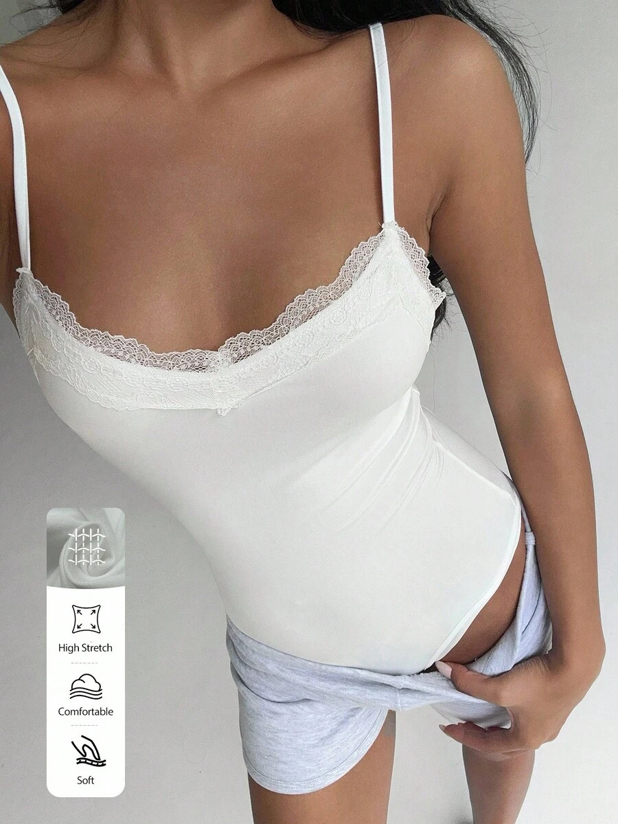 FavEase Black Lace Trim V-Neck Camisole Backless Bodysuit, Fashionable Minimalist Casual Elegant Extremely Soft Comfortable Stretchy Women Summer