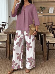 SHEIN PETITE Women's Vacation Solid V-Neck 3/4 Sleeve Shirt And Floral Print Loose Pants 2 Pieces Set - Multicolor - View 8