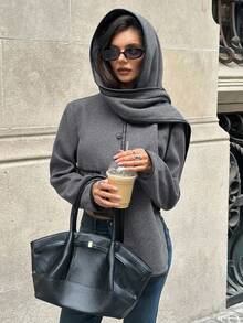 Aloruh 女士夹克，灰色拼接PU设计，休闲通勤外套，短款上衣搭配围巾披肩，秋冬灰色短款夹克，灰色超大围巾，女士外套，黑色滚边灰色夹克，现代灰色夹克，女士秋季服装，女士冬季服装，秋季女装，秋季服装，秋季服装，万圣节服装，女士冬季服装，女士秋季穿搭 - 深灰色 - 查看 7