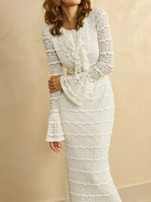 SHEIN LUNE 女款針織水溶蕾絲米白色秋季優雅婚禮賓客長袖荷葉邊設計魚尾喇叭領高貴約會洋裝 - 杏色 - 查看 5