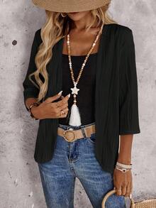 EMERY ROSE Women's Solid Color Open Front 3/4 Sleeve Casual Lightweight Jacket, Autumn,Fall - Black - View 7