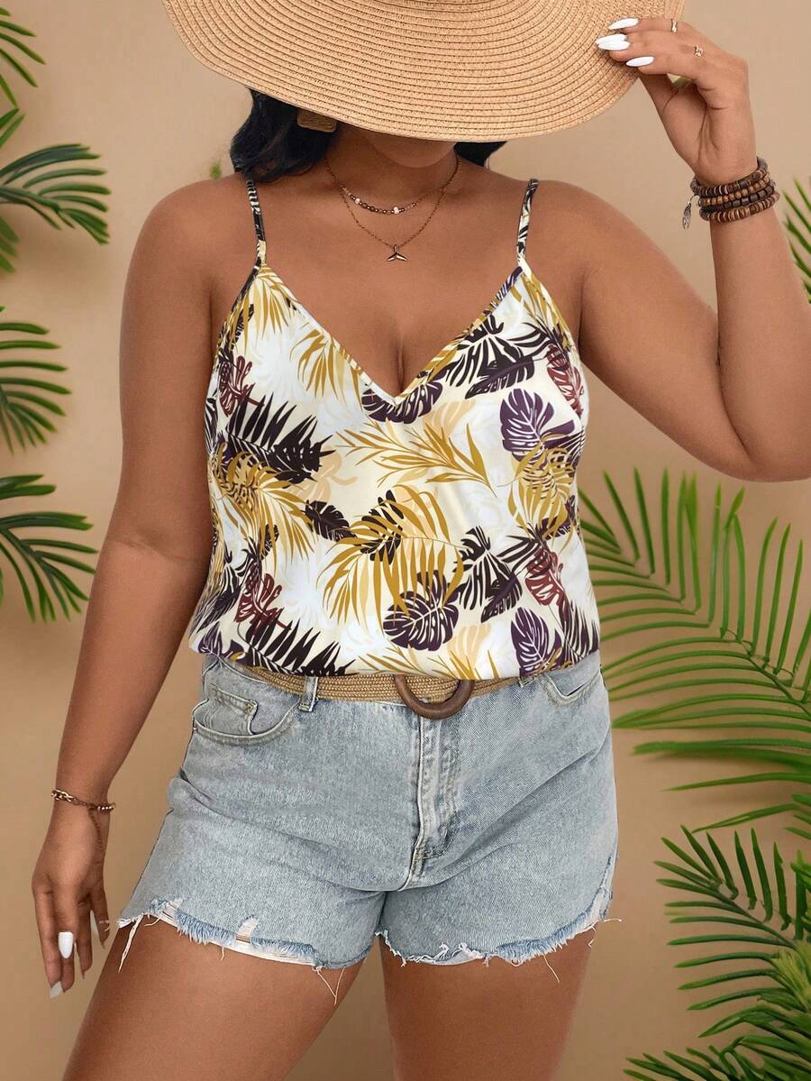 SHEIN VCAY Plus Size Women Leaf Print Camisole Top, Casual Vacation Wear