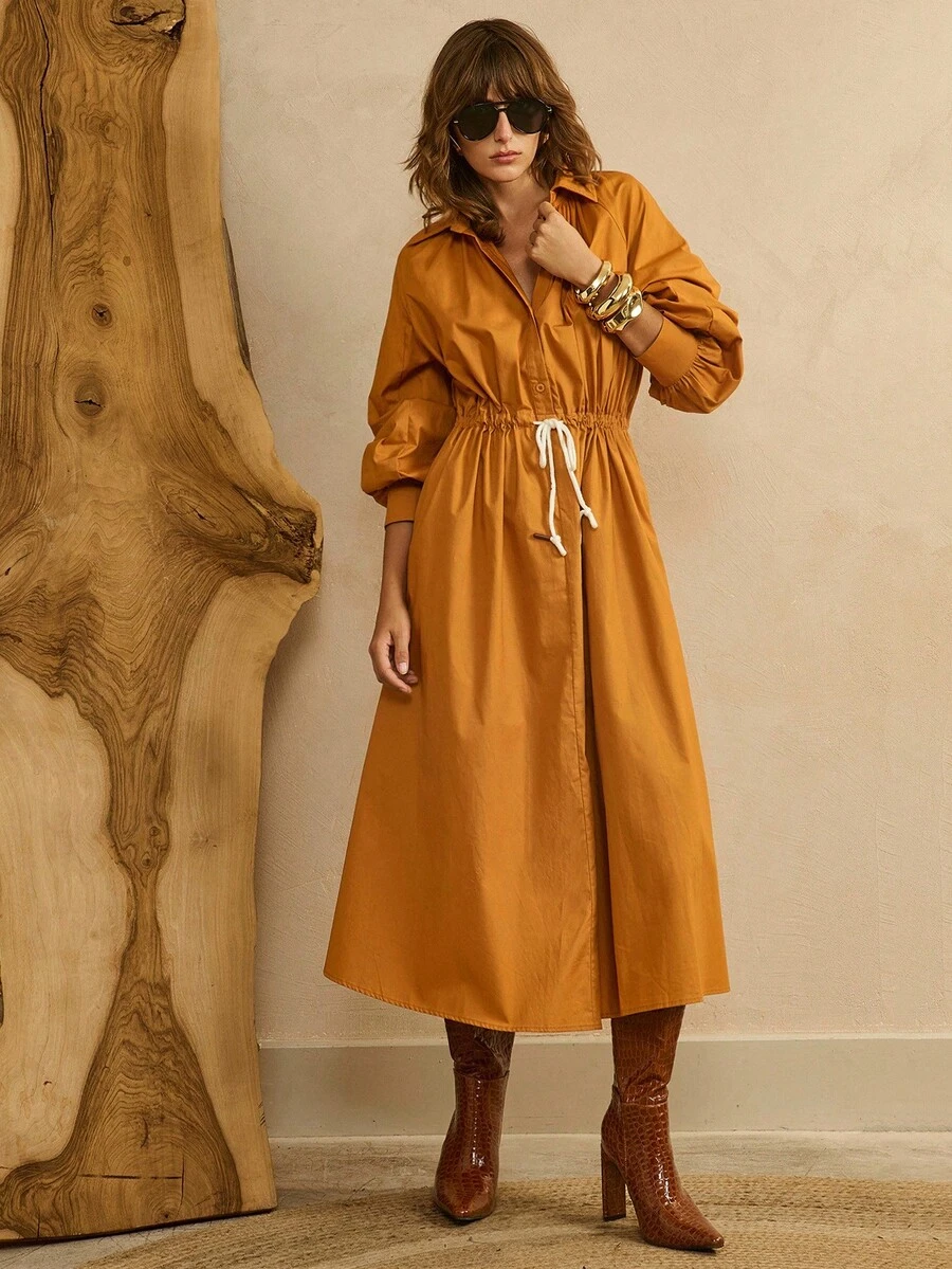 Arave Women's Burnt Orange Cotton Shirt-Style Long Dress,Elegant Autumn Everyday Waist Drawstring Pleated Lapel Lantern Sleeves X-Shaped Commuter Clothes - Orange - View 1