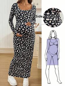 SHEIN Abito lungo aderente casual con stampa floreale ditsy per gravidanza - nero - Visualizzare 1