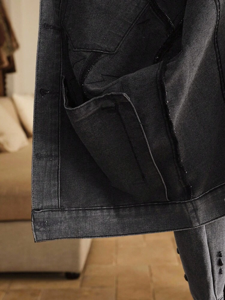 Chaqueta de mezclilla negra con adornos de diamantes en estilo vintage para mujer