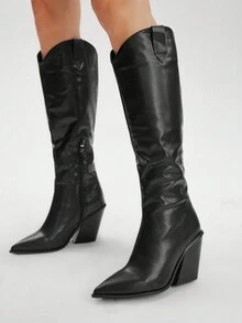 Styleloop Women's Black Patchwork Tall Boots, Western Style Stacked Heel Pointed Toe Boots - Black - View 4